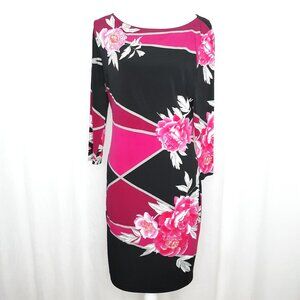 Vintage Cache Hot Pink Floral Black Body Con Sheath Dress